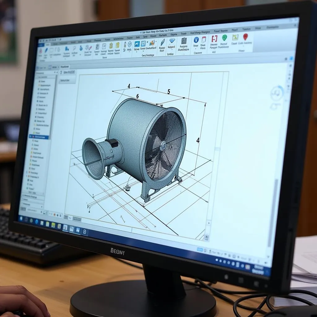 Bản vẽ CAD quạt hút công nghiệp được hiển thị trên màn hình máy tính