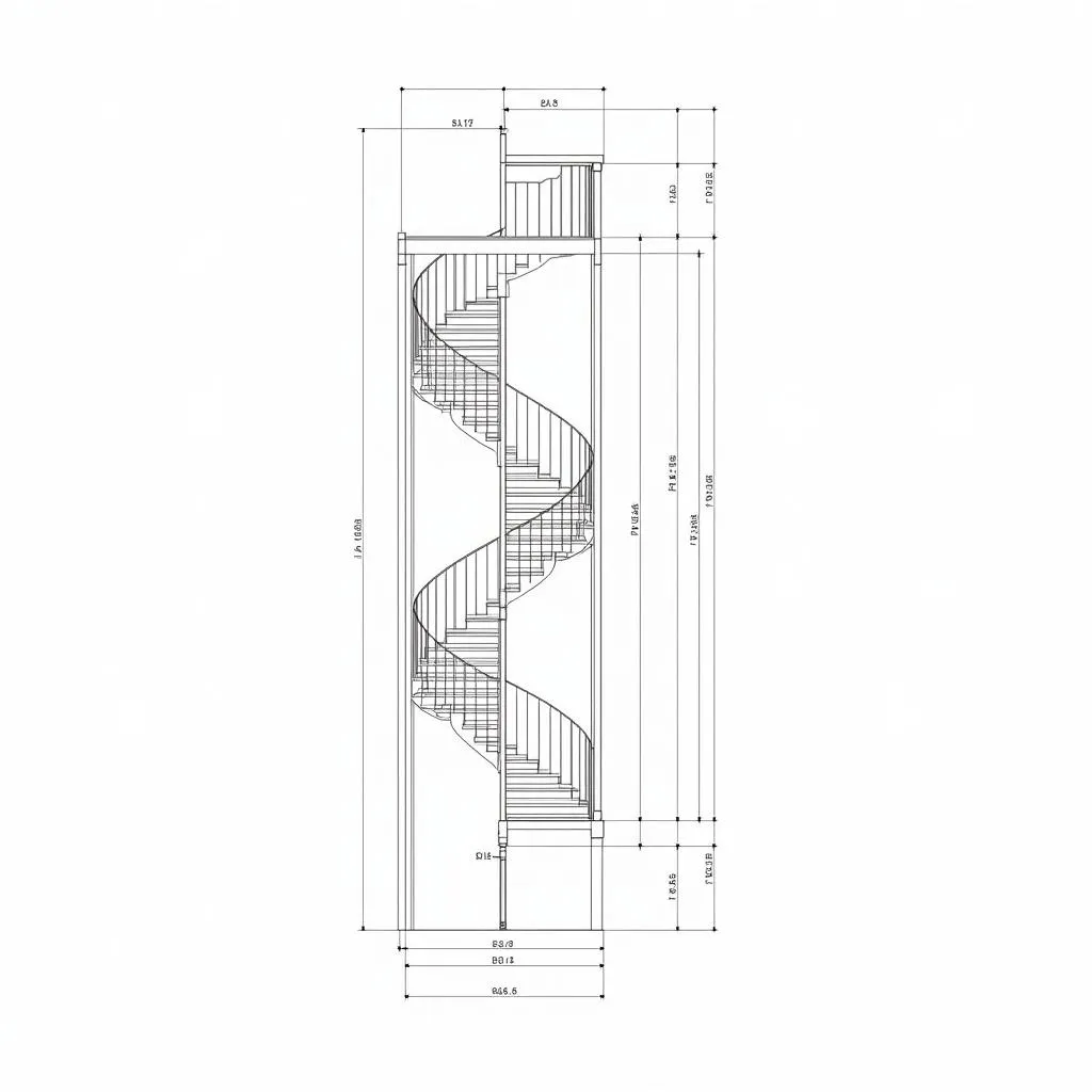 Bản vẽ CAD mặt cắt thang xoắn ốc thể hiện chiều cao