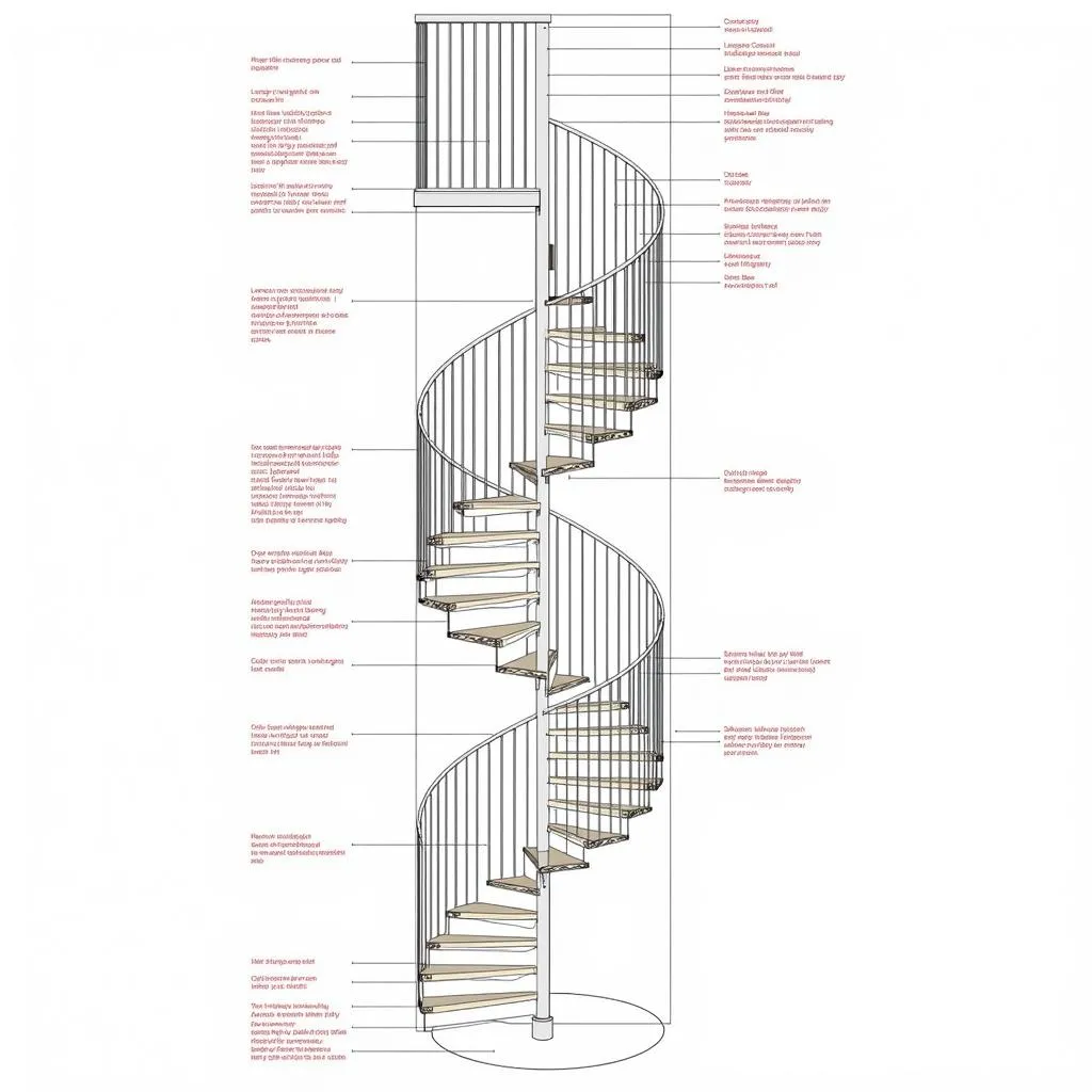 Bản vẽ CAD thang xoắn ốc với ghi chú chi tiết