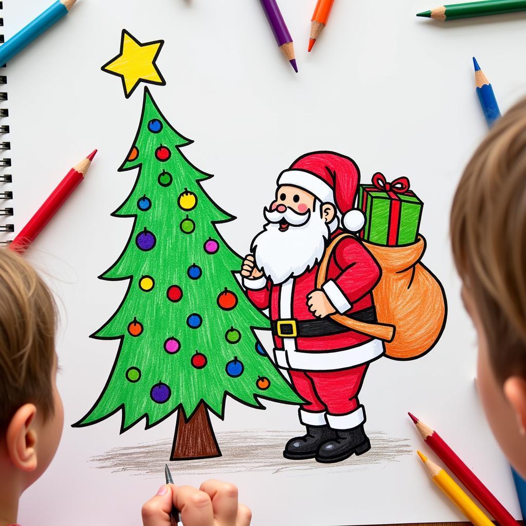 Bé tập vẽ cây thông Noel với ông già Noel