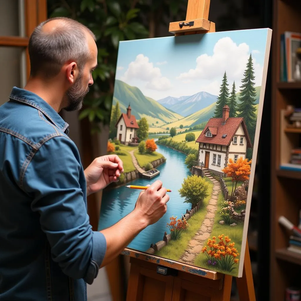 A painter composing a landscape painting of his hometown.