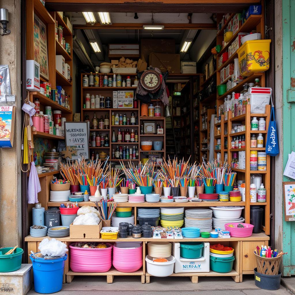 A vibrant market stall selling art supplies in Ho Chi Minh City