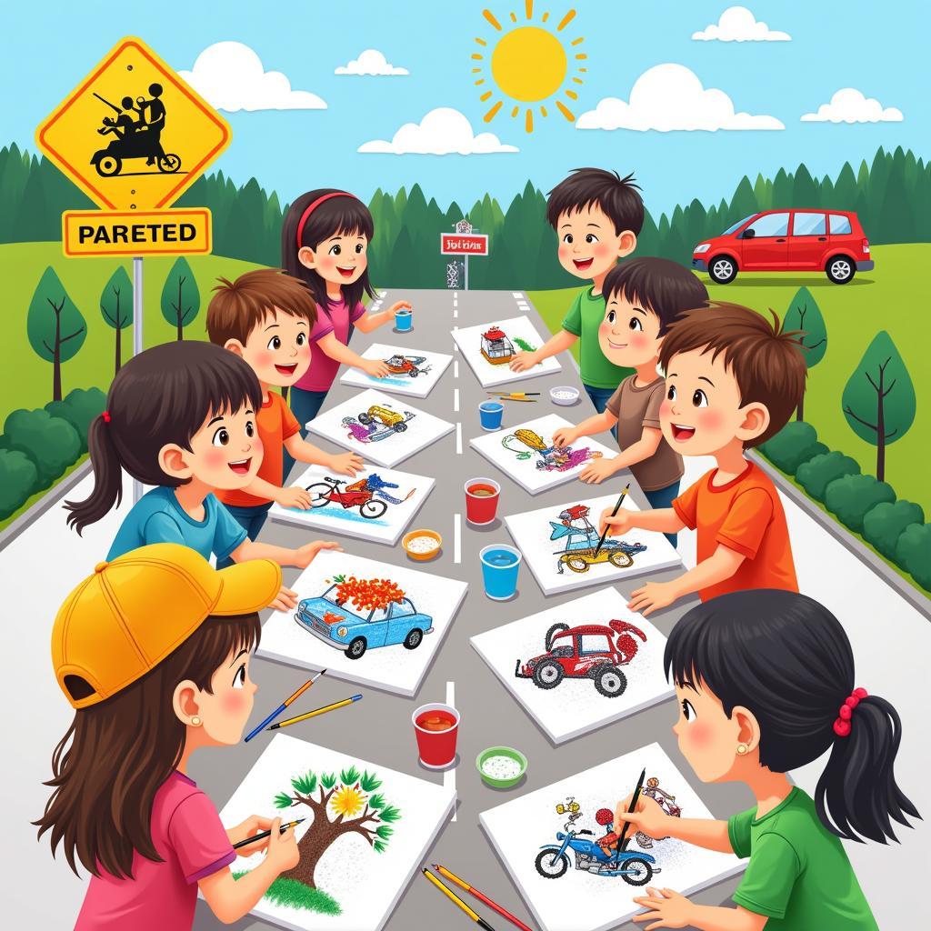 Children participating in a traffic safety drawing contest