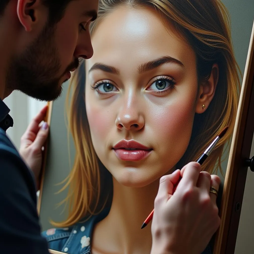 A painter applying oil painting techniques to create a portrait.