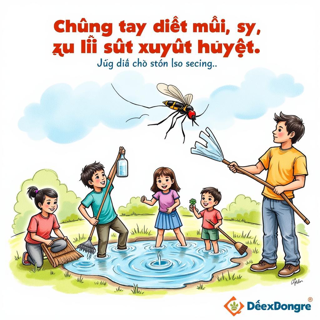 Bức tranh phòng chống sốt xuất huyết với thông điệp "Chung tay diệt muỗi, đẩy lùi sốt xuất huyết"