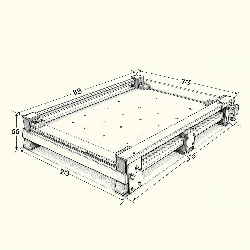 Bản vẽ bed CNC chi tiết với kích thước và vị trí các thành phần