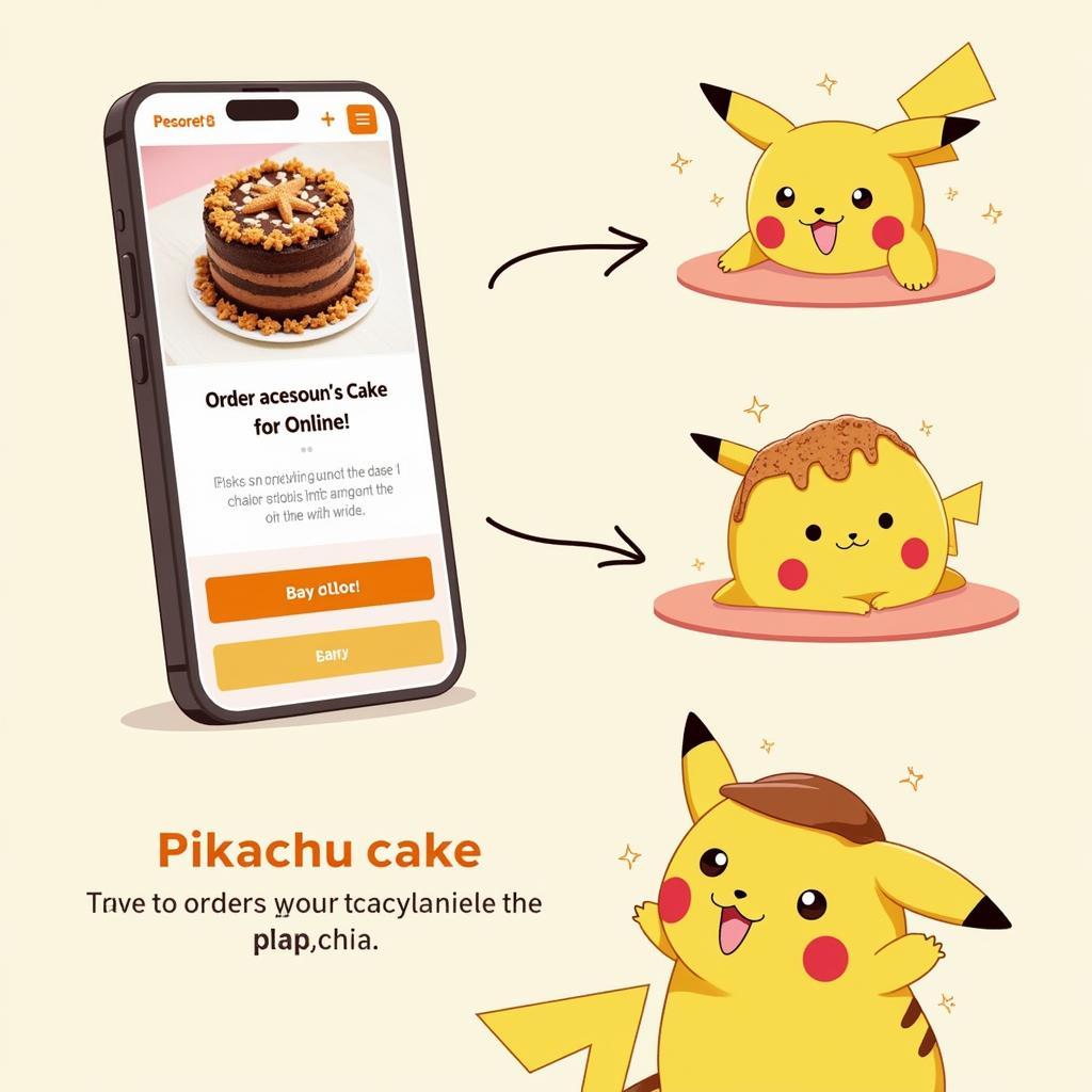 Đặt bánh kem Pikachu online: Hình ảnh minh họa quá trình đặt bánh kem Pikachu online trên điện thoại hoặc máy tính, với giao diện website hoặc ứng dụng đặt hàng.