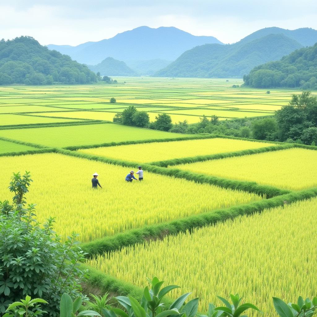 Kỹ thuật vẽ ruộng lúa chuyên nghiệp: Minh họa các kỹ thuật vẽ ruộng lúa chuyên nghiệp, bao gồm sử dụng màu nước và vẽ chi tiết con người