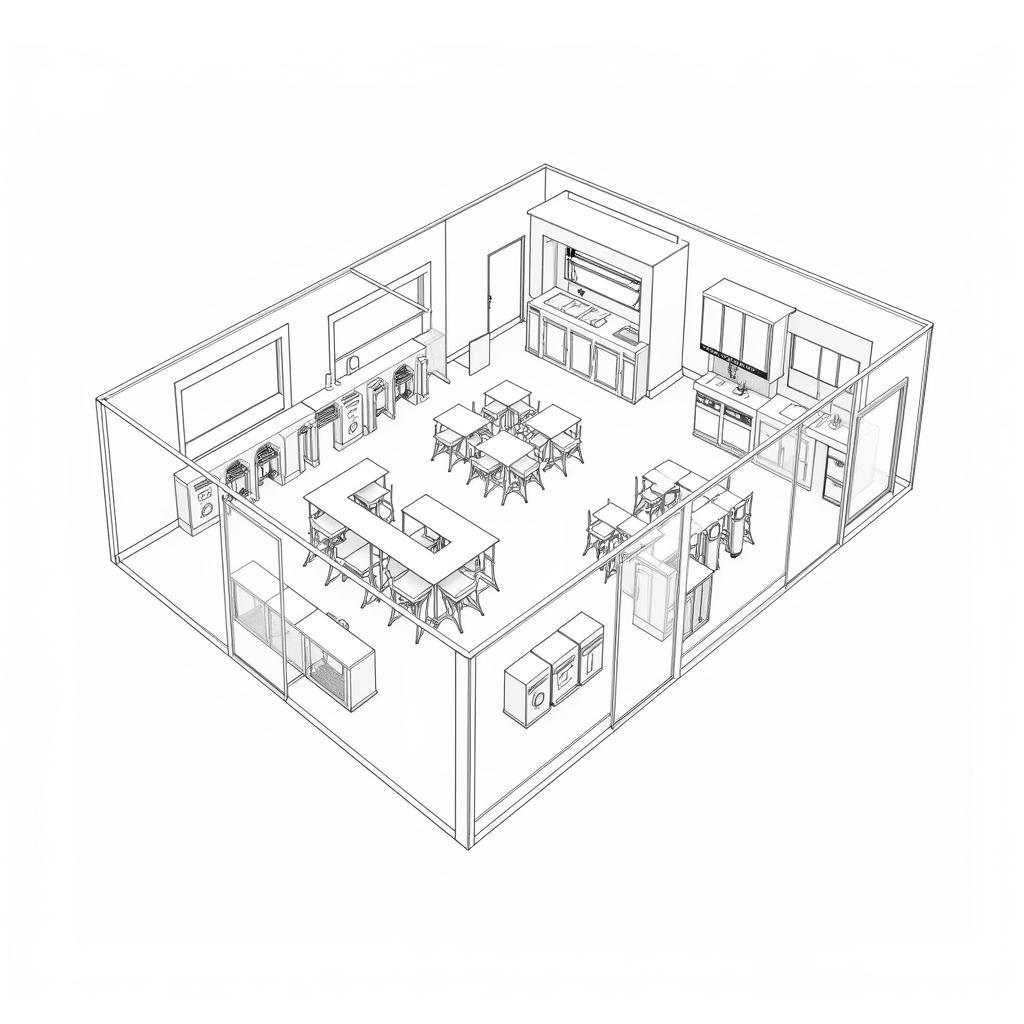 Bản vẽ CAD nhà ăn công nhân: Bố cục không gian