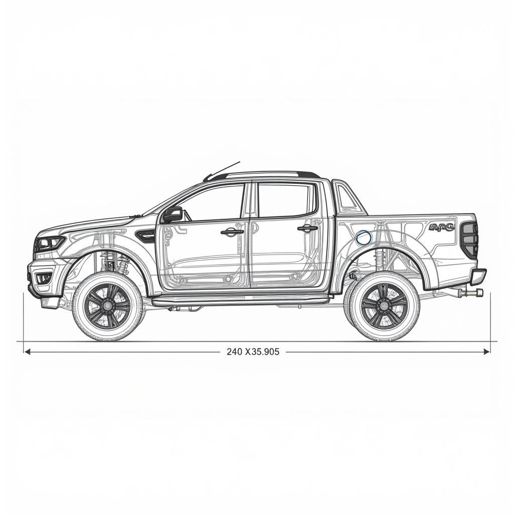 Bản vẽ CAD tuyến hình Ford Ranger chi tiết, thể hiện kích thước tổng thể và các bộ phận chính.