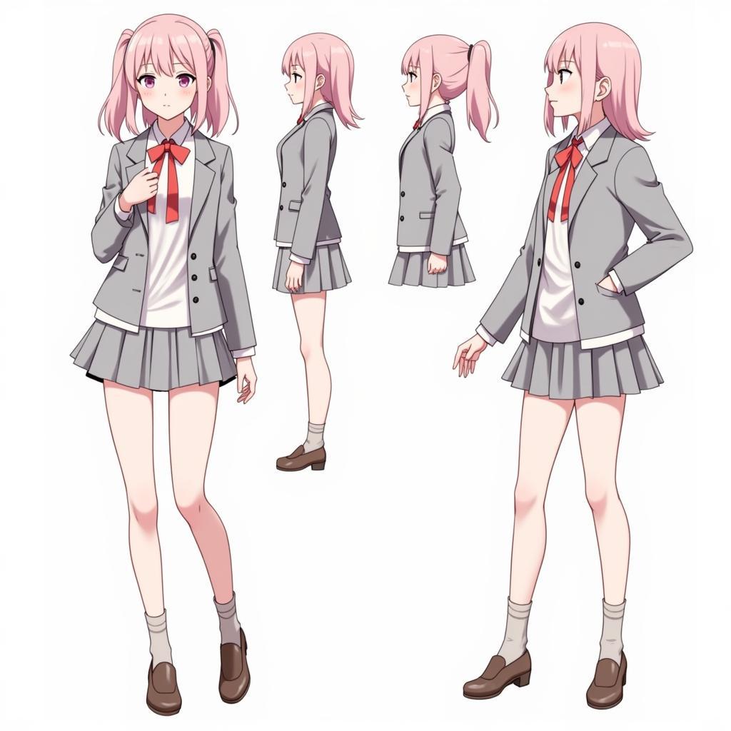 Tư thế và góc nhìn anime girl lạnh lùng: Minh họa các tư thế đứng thẳng, ít cười, kết hợp với góc nhìn từ trên xuống hoặc từ dưới lên để tạo cảm giác xa cách, uy nghiêm và bí ẩn.