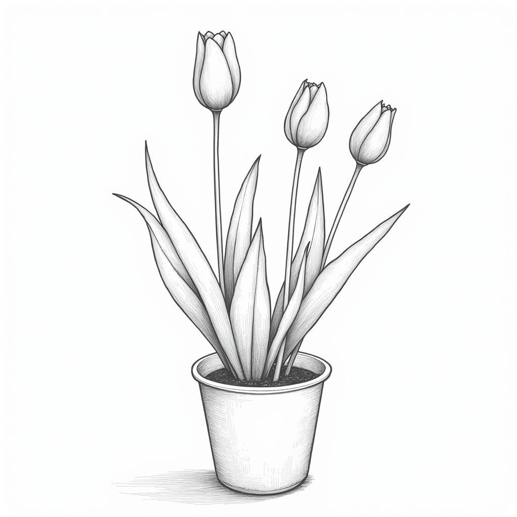 Vẽ chậu hoa tulip: Lá và thân cây